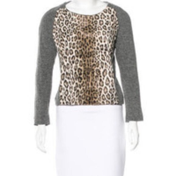 SANDRO Leopard Sweater Size 2 (XS) Faux Fur Front Gray Tweed Wool Blend - Picture 2 of 11